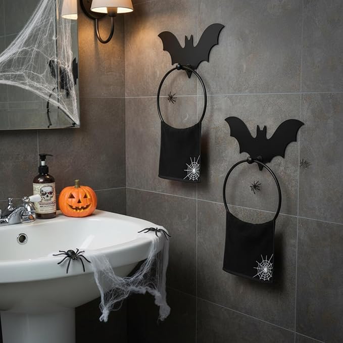2pcs Gothic Bat Metal Towel Rings Halloween Bat Towel Holder Oil Rubbed Bath Towels Ring Black Art Hand Towels Rack for Bathroom Kitchen Hanger Home Decors Gifts
