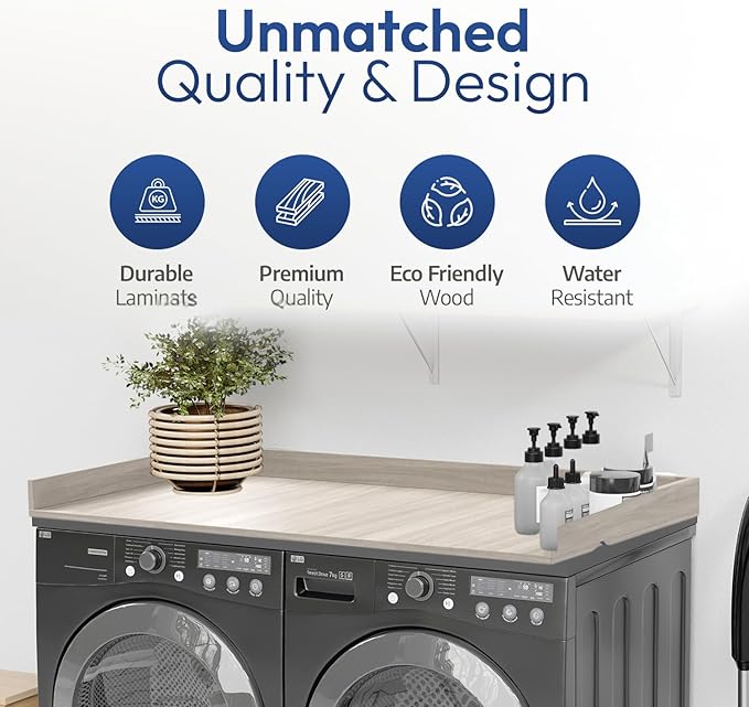 OfficeSimpli Washer Dryer Countertop, Made in USA, Non-Slip Pads, Laundry Room Wood Topper, Washer Dryer Cover for Top, Laundry Countertop, Laminate Finish (Rustic Oak, Extra Large (30" x 58"))