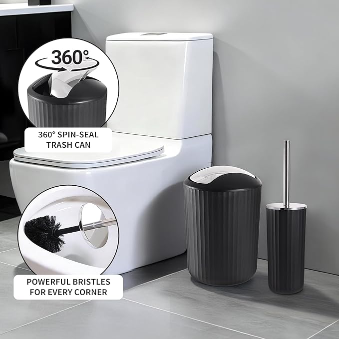 Bathroom Accessories Set, 11PCS Black Bathroom Accessory Set with Shower Curtain, Trash Can, Soap Dispenser, Soap Dish, Toilet Brush, Toothbrush Holder and Cup, Q-tip Holders, Tissue Box, Squeegee