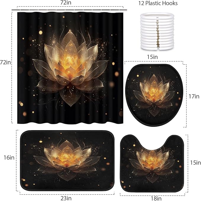 Britimes 4 Piece Shower Curtain Sets with 12 Hooks, Lotus Black and Gold Flower Spa Zen Spiritual Golden Floral with Non-Slip Rugs, Toilet Lid Cover and Bath Mat for Bathroom Decor Set 72" x 72"