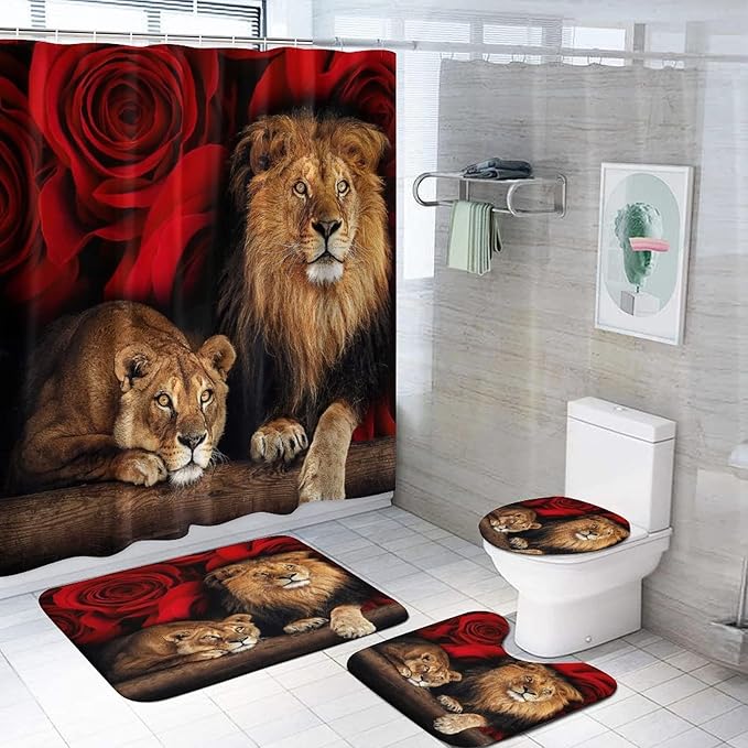 jieprom 4PCS Red Rose and Lion Shower Curtain Bathroom Set with Rugs, Toilet Lid Cover and Bath Mat, Red Shower Curtain with 12 Hooks, Complete Bathroom Accessories Decor Set