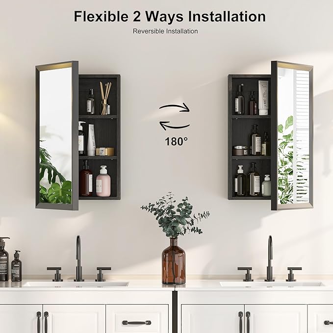 Black Bathroom Medicine Cabinet with Mirror,Beveled Aluminum Frame,16x27 Inch,Bathroom Mirror with Storage Wall Mounted,Medicine Cabinet Mirror,Assembly Required