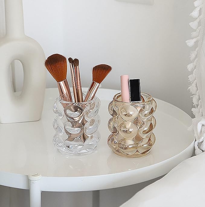 KNC Pen Pencil Container Multi-Purpose Handcrafted Comb Makeup Brush Holder Office Desk Accessories Storage Cosmetic Tools Organizer (Amber)
