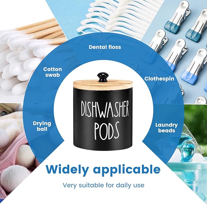 Round Dishwasher Pods Container, Wood Dishwasher Pod Holder with Lid for Kitchen Decor, Laundry Pod Container for Laundry Detergent Storage (Black)