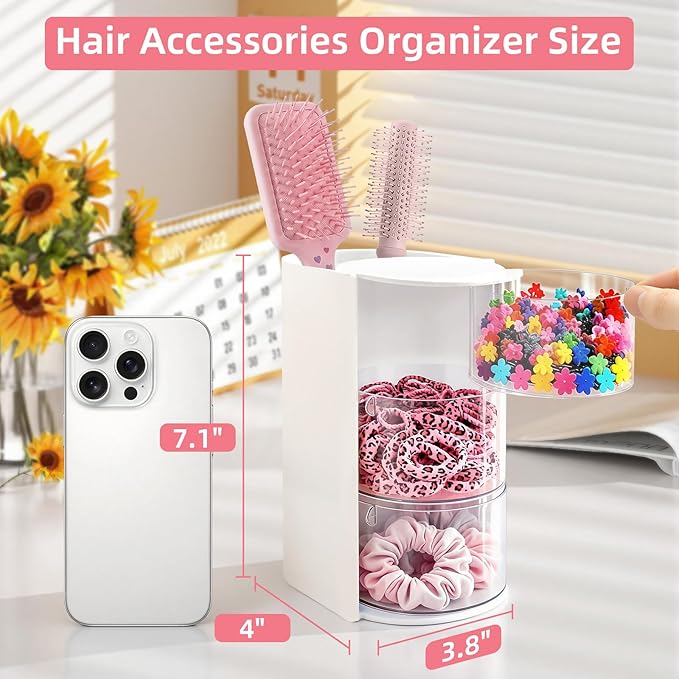 neotidy Hair Accessories Organizer with Hair Brush Holder, Rotating Hair Tie Product Organizer for Girls, 3-Tier Makeup Brush Holder for Clips, Bows & Brushes (White, 3-Tier)