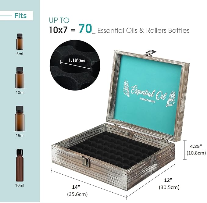 J JACKCUBE DESIGN Essential Oil Storage Box Organizer with 70 Slots, Rustic Wooden Oil Holder Display Case for 5 10 15 ml Essential Oil Bottles & 10 ml Rollers - MK588A