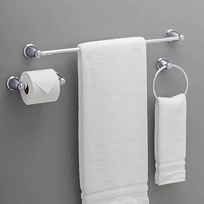 Franklin Brass Kinla 3-Piece Bathroom Set Polished Chrome 24" Towel Bar Racks, Toilet Paper Holder, Ring Hardware KIN3PC-PC