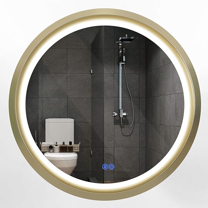 36 Inch Round LED Mirror for Bathroom, Gold Metal Frame Lighted Vanity Mirror with 3 Color Modes, Touch Dimmer - Anti-Fog Wall Mounted Circle Mirror with Lights - Fab Glass and Mirror