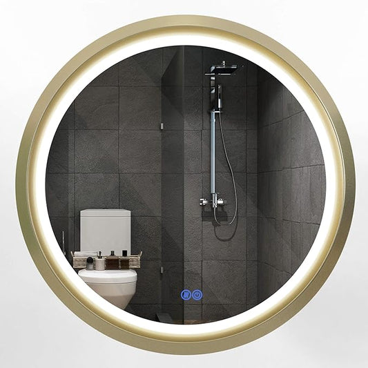 36 Inch Round LED Mirror for Bathroom, Gold Metal Frame Lighted Vanity Mirror with 3 Color Modes, Touch Dimmer - Anti-Fog Wall Mounted Circle Mirror with Lights - Fab Glass and Mirror