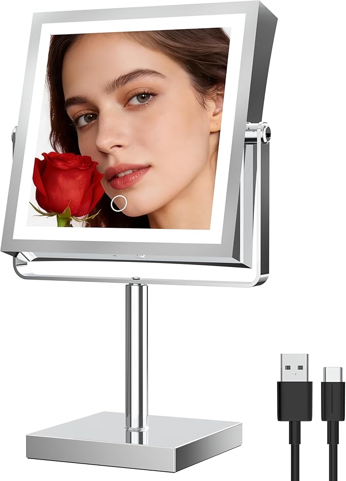 Ruacq Makeup Mirror with Lights, 4000mAh Rechargeable Magnifying Mirror with Light, 1X/10X, Height Adjustable Bathroom Vanity Mirror, 3 Colors, Adjustable Brightness (Chrome)