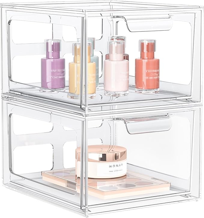 StorMiracle 2 Pack Clear Makeup Organizer and Acrylic Organizers???Plastic Storage Bins with Handles for Vanity, Kitchen Cabinets, Pantry Organization and Storage
