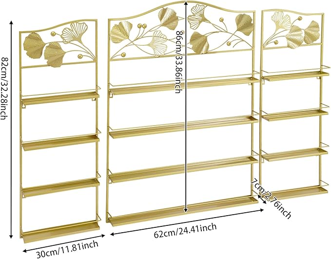 3PCS Metal Nail Polish Racks, Nail Polish Wall Organizer 4 Tiers Leafage Shape Display Rack Wall Mounted Display Case for Home Spa Nail Salon Shop- Gold