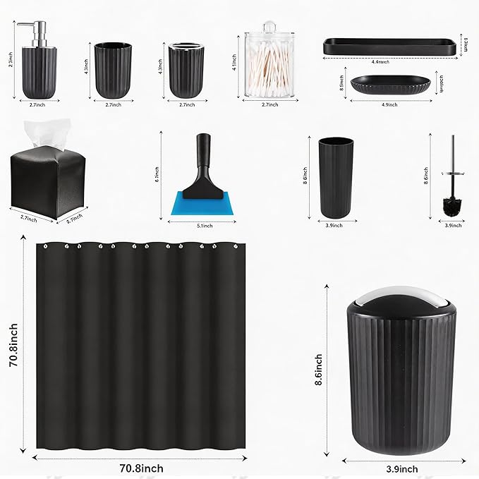 Bathroom Accessories Set, 11PCS Black Bathroom Accessory Set with Shower Curtain, Trash Can, Soap Dispenser, Soap Dish, Toilet Brush, Toothbrush Holder and Cup, Q-tip Holders, Tissue Box, Squeegee