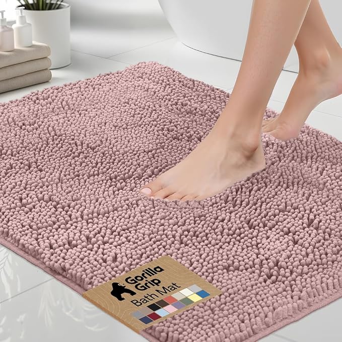 GORILLA GRIP Bath Rug Mat 36x24, Soft Absorbent Chenille, Quick Dry Microfiber Mats, Rubber Backing Washable Shower Floor Rugs, Bathmat Runner, US Designed Bathroom Home Decor Accessories Dusty Rose