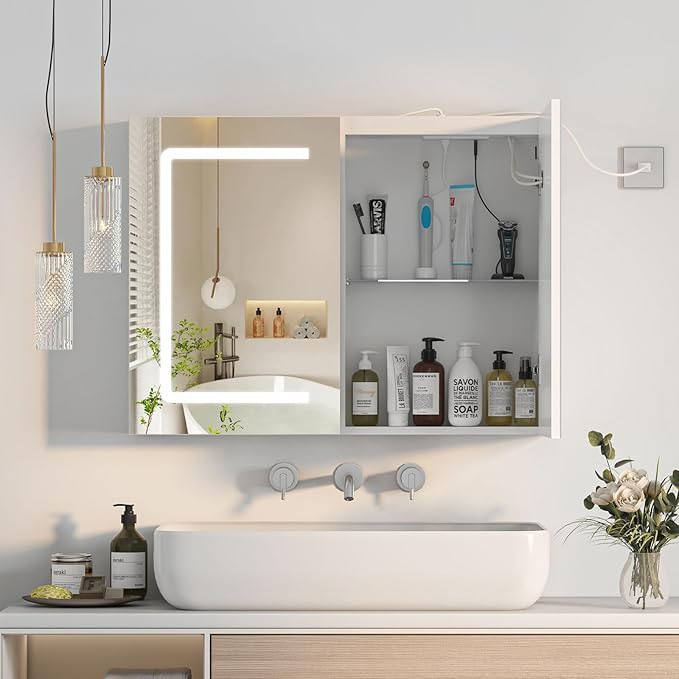 Lighted Medicine Cabinet with Sockets & USB, LED Medicine Cabinet with Lights, Wall Mounted,32X24Inch,Color Adjustment,Large Mirror Cabinet with Electrical Outlet