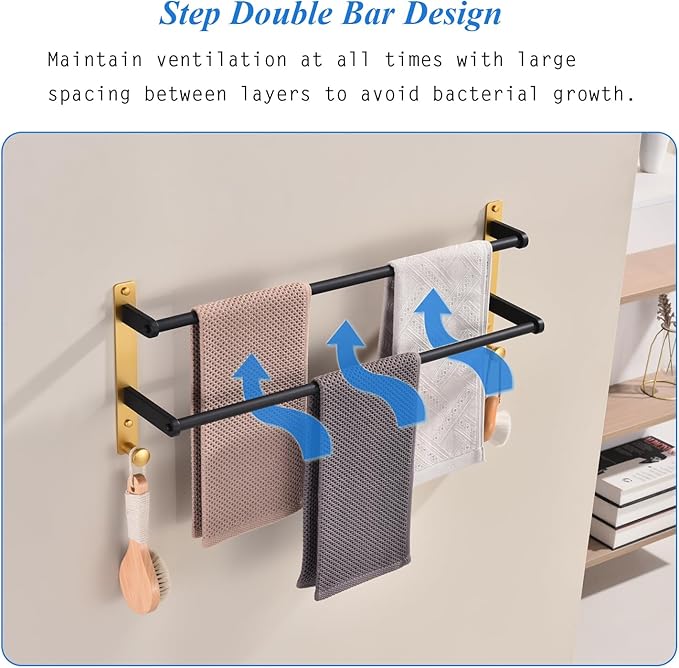 Double Towel Rack with Hooks, 24 Inch Stainless Steel Towel Bar - Wall Mounted Towel Holder for Bathroom, Black & Gold