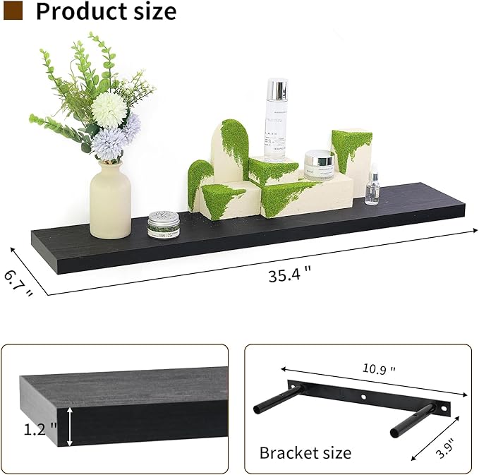 Floating Shelves for Wall, Wall Mounted Rustic Wood Shelves for Bathroom, Bedroom, Living Room, Kitchen, Hanging Shelf for Books/Storage/Room (Black, 35.4")