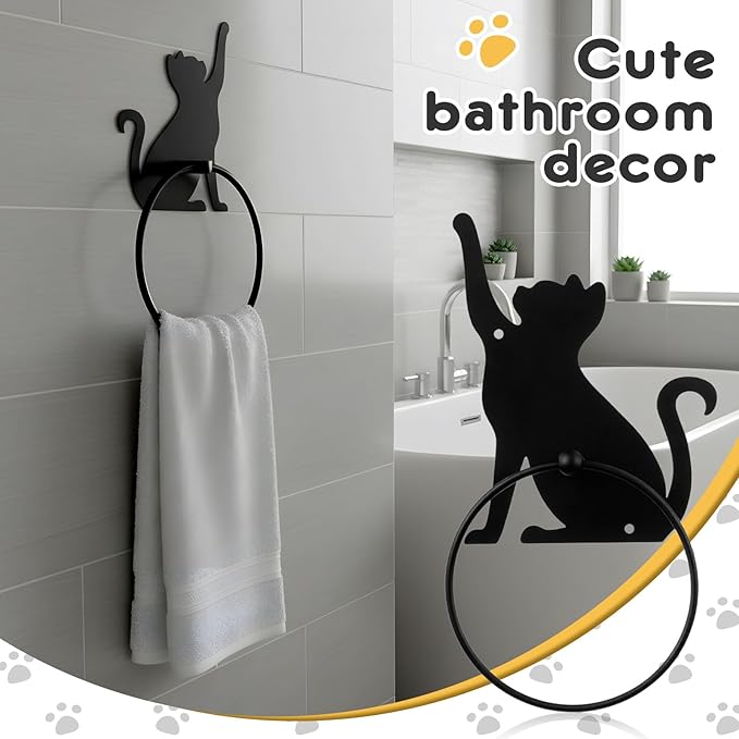 2pcs Cat Metal Towel Rings Christmas Cat Towel Holder Oil Rubbed Bath Towels Ring Black Art Hand Towels Rack for Bathroom Kitchen Hanger Home Decors Gifts