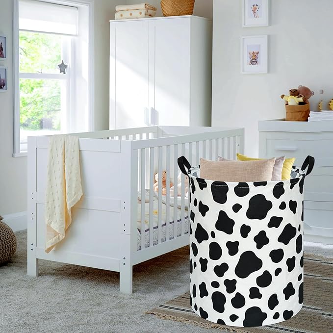 KUNRO Round Laundry Gift Basket Storage Hamper, Clothes Storage Organizer Bins, Shelf Basket with Handles for Room Decor (Rould Cow pattern)