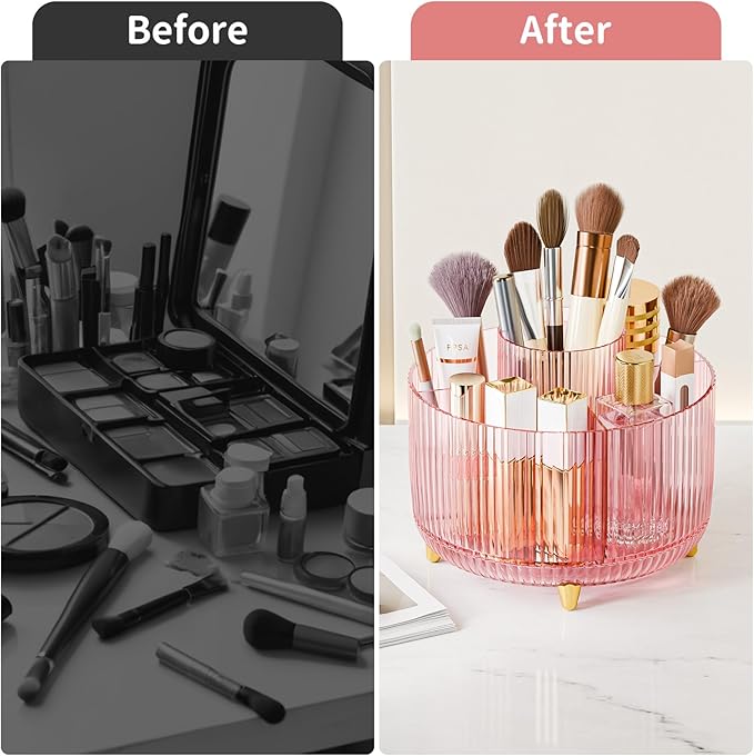 Clear Rotating Makeup Organizer Countertop for Vanity, 360?? Makeup Brush Holder Organizer with 5 Compartments, Transparent Cosmetic Storage for Lipstick, Skincare, Bathroom Counter (Transparent Pink)