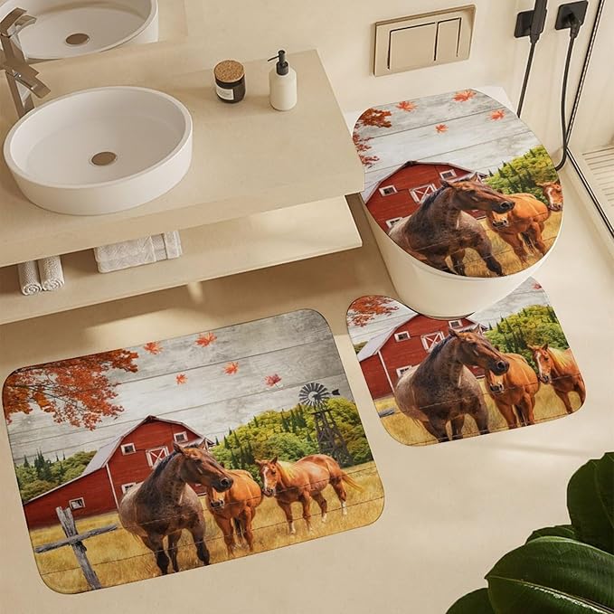 Rustic Farmhouse Horse 4 Pcs Waterproof Shower Curtain Set,Retro Wooden Barn Western Farm Animals Horses Windmills with Waterproof Toilet Cover Shower Mat Rugs