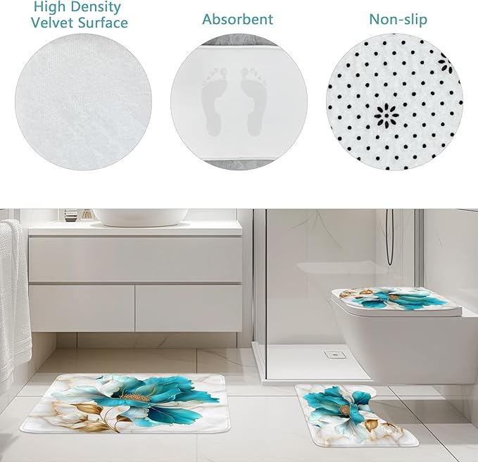 Riyidecor Teal Gold Marble Floral 4Pcs Bathroom Shower Curtain Sets Modern Flower Abstract Bathroom Decor Set with Rugs and Accessories Minimalist Toilet Lid Rug, Contour and Bath Mat with 12 Hooks