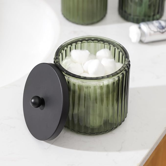 4PCS Olive Green Glass Bathroom Accessories Set, Includes Soap Dispenser, Cotton Jar, Soap Holder Tray & Tumbler, Heavy Weight Embossed Glass Bathroom Decor Set for Home, Apartment & Vanity