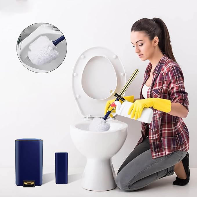 XLHOMO Navy Blue Bathroom Accessories Set 8 Piece Navy Blue and Gold Bathroom Set, Bathroom Sets with Stainless Steel Trash Can,Toilet Brush,Toothbrush Set,Soap Dispenser