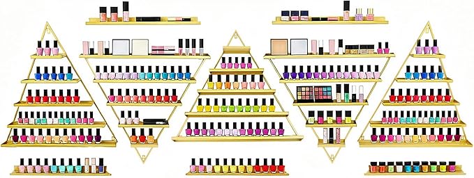 10PCS Nail Polish Racks, 5 Tiers Triangular Nail Polish Racks, Nail Polish Shelf for Wall Cosmetics Display Racks for Perfume Lipstick Essential Oil Organize for Salons Beauty Shops (Gold)