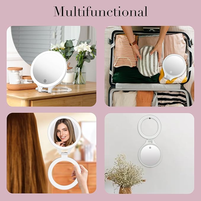 FASCINATE 30X/1X Lighted Magnifying Mirror, Rechargeable Double Sided Travel Makeup Mirror with 3 Color Lighting, Adjustable Stand, Portable Vanity Mirror, Includes Hair Clip