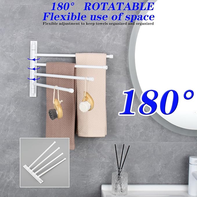 GERZWY Wall Mount Bath Towel Rack with 4 Arms Stainless Steel Bathroom Swing Arm Towel Bars Organizer, White