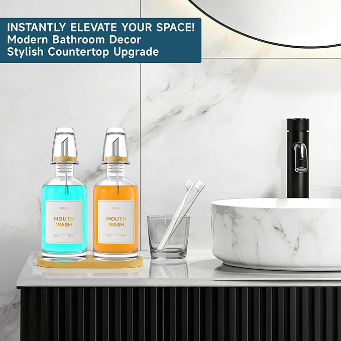 2PCS Glass Mouthwash Dispenser for Bathroom Countertop – 14oz/410ml Refillable Mouthwash Bottle with Stainless Steel Pour Spout & Bamboo Tray, Modern Decor for Home, Office, Airbnb (Clear)