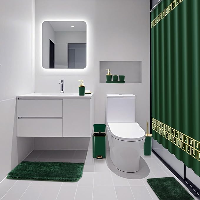 XLHOMO Bathroom Sets with Shower Curtain and Rugs Bathroom Accessories Set Hunter Green Bathroom Set,Soap Dispenser & Toilet Brush Holder Set with Stainless Steel Trash Can