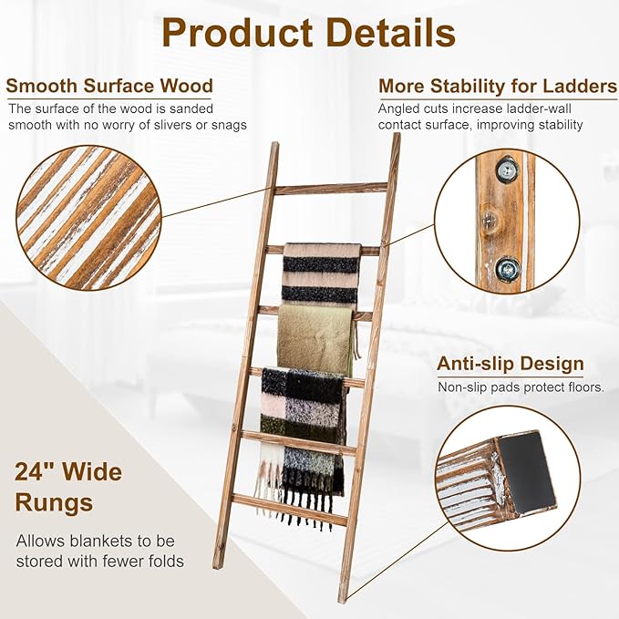 RANXFLOAT 6-Tier Blanket Ladder Wooden, Blanket Quilt Towel Holder Rack Decorative Ladder, Rustic Farmhouse Ladder Shelf for The Living Room Bedroom Home Decor Carbonized Wood 24 Inch