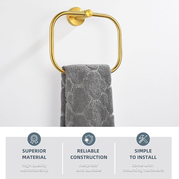 Angle Simple Square Towel Ring Brushed Dark Gold, SUS304 Stainless Steel Swivel Hand Towel Holder for Bathroom, Wall Mount, 7.87 Inches