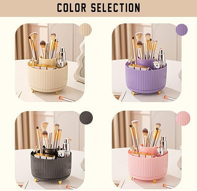 360° Rotating Makeup Brush Organizer with Gold Feet, Partitioned Storage Container, Space-Saving Cosmetic Holder & Pen Holder (Purple)