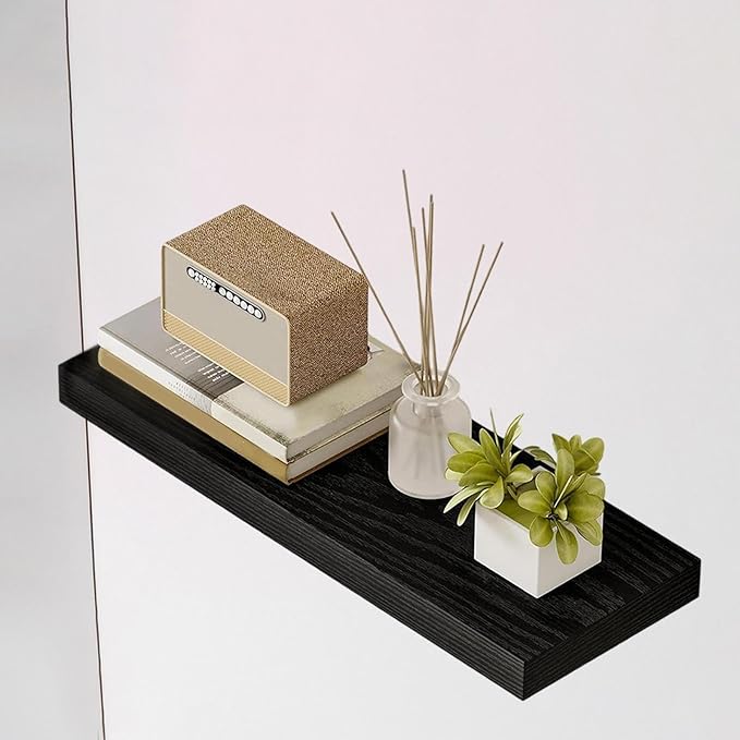 Shelf Rustic with Invisible Bracket,Wood Wall Shelf for Bathroom Farmhouse, Black