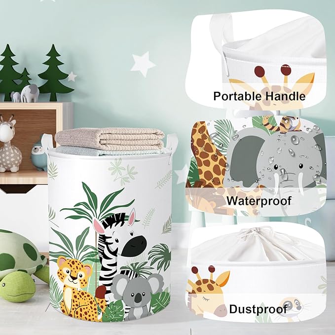 Tropical Animals Baby Laundry Hamper Collapsible Clothes Kid Storage Basket Giraffe Elephant Large Boys Girls Gift Toy Box Bin for Nursery, Lion, 63L