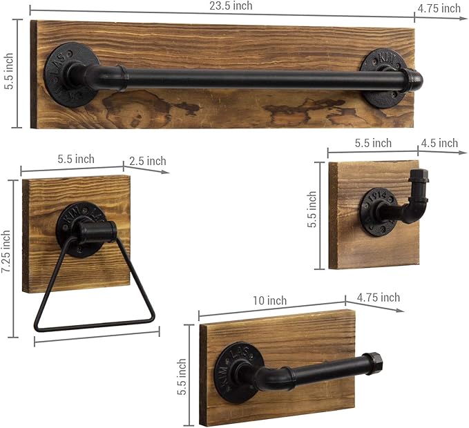 MyGift 4-Piece Bathroom Hardware Set Toilet Paper Holder with Burnt Wood and Industrial Matte Black Metal Pipe Includes, Towel Ring, Towel Bar and and Robe Hook