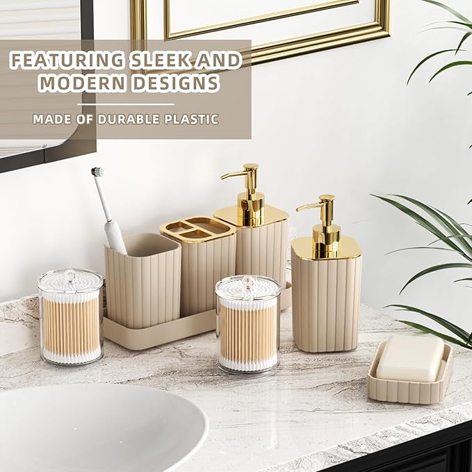 XLHOMO Bathroom Accessories Set - Gorgeous Bathroom Set, 10PC Beige Bathroom Accessory Set, Toilet Brush, Trash Can & Soap Dispenser