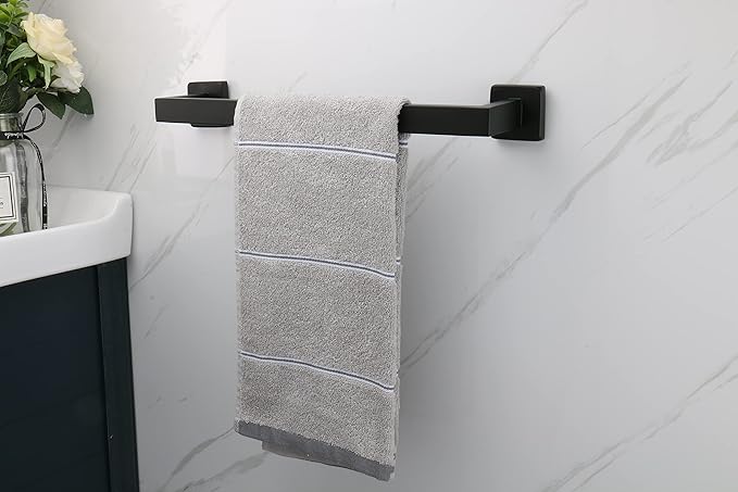 TocTen Bath Towel Rack - Square Base Thicken SUS304 Stainless Steel Towel Bar for Bathroom, Bathroom Accessories Towel Rod Heavy Duty Wall Mounted Towel Holder. (Black, 16)