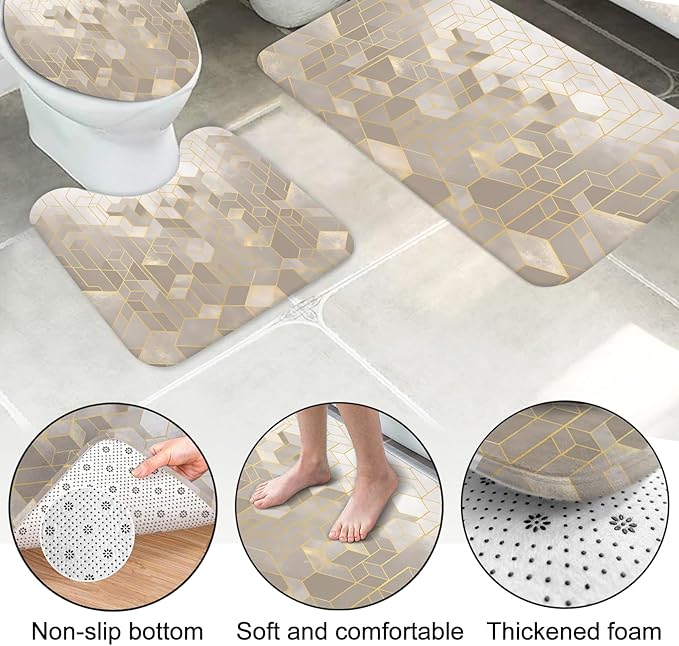 Lnond 4Pcs Bathroom Sets with Shower Curtain and Rugs, Beige Bathroom Shower Curtain Sets, Beige Gradient Modern Bathroom Sets with Rugs and Accessories
