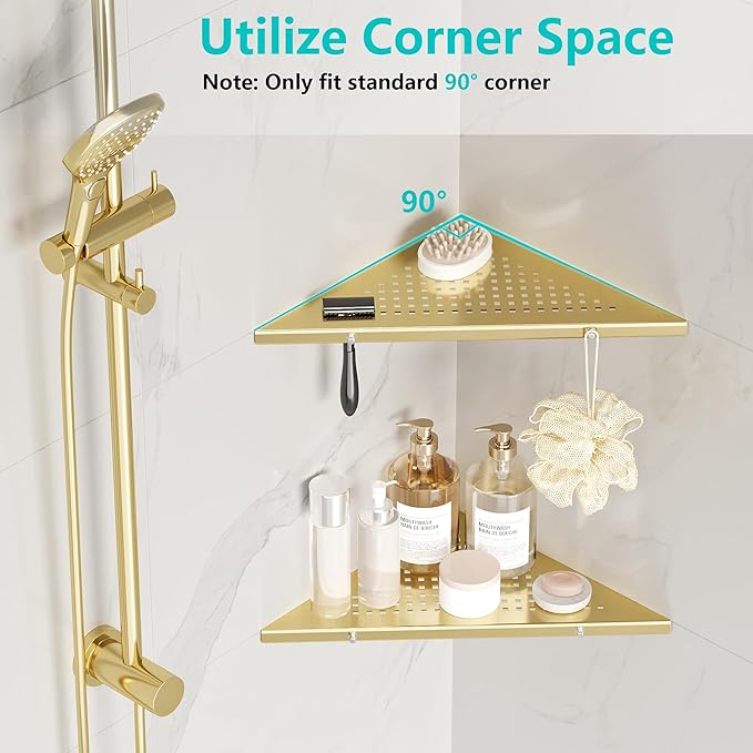 Qeke 10" Bathroom Corner Shelf, 2 Pack Recessed Shower Shelf Caddy, SUS304 Stainless Steel Shelf Wall Mount Triangular, No Drilling Brushed Golden