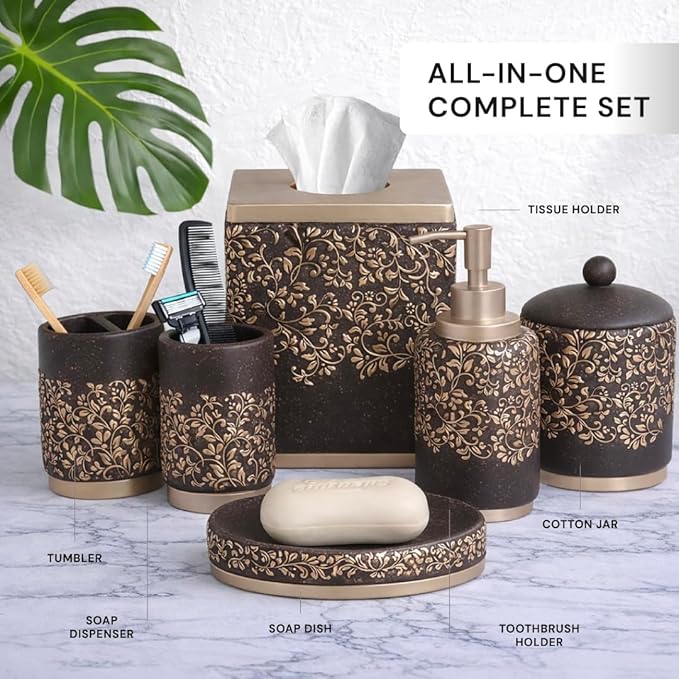 Decozen Bathroom Accessories 6Pcs Set, Soap Dispenser, Toothbrush Holders, Tumbler, Soap Dish & Cotton Swab Jar – Modern Bathroom Decor, Modern Farmhouse Decor, Countertop Accessories, Black