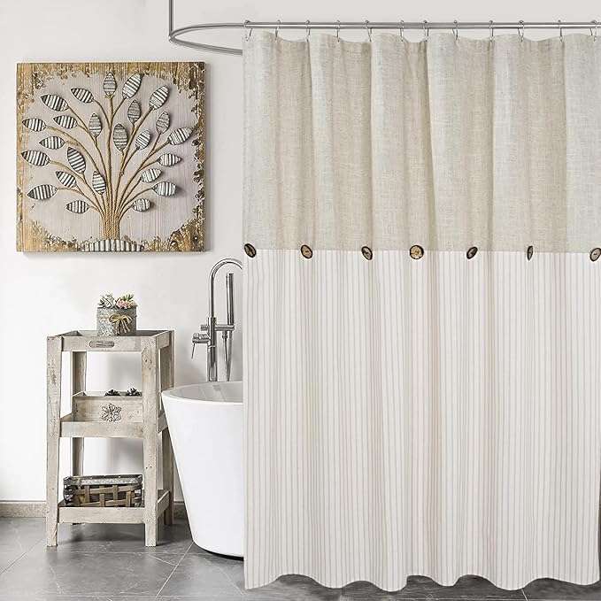 DOSLY Ides Farmhouse Shower Curtain, Beige and Beige Stripe, Button Curtain, Linen and Cotton Blend Fabric, Rustic Charm Country Chic Style, 72x84 in