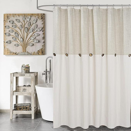 DOSLY Ides Farmhouse Shower Curtain, Beige and Beige Stripe, Button Curtain, Linen and Cotton Blend Fabric, Rustic Charm Country Chic Style, 72x84 in