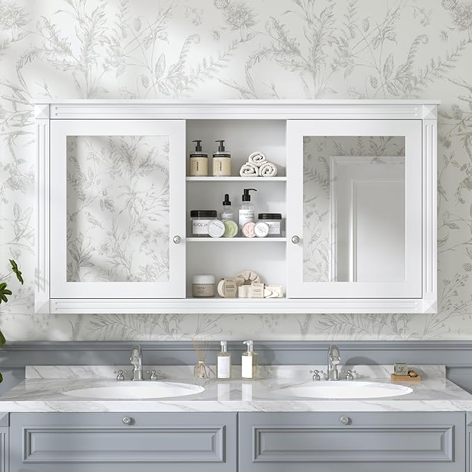 Merax Bathroom Medicine Cabinet with Mirror Door & Adjustable Shelf, 55" x 28" Wall Mounted Bathroom Storage Cabinet with Mirror, Over The Toilet