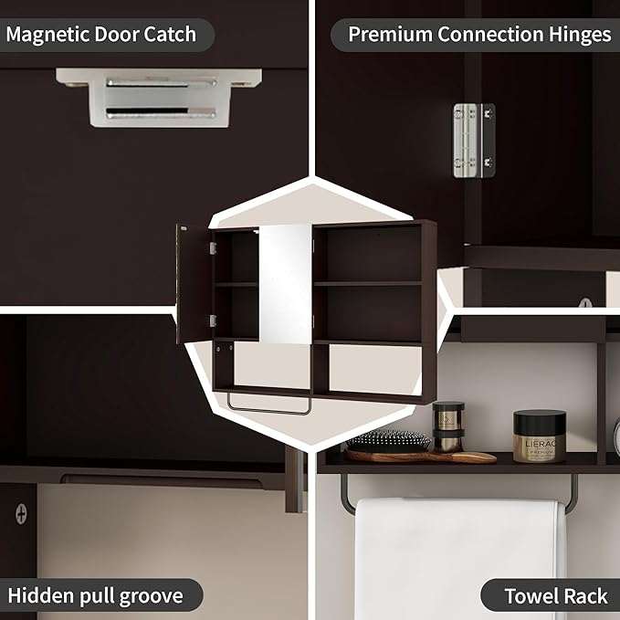 Medicine Cabinet, Wooden Bathroom Wall Cabinet with 2 Doors, Adjustable Shelves & Towel Bar, Over Toilet Storage Cabinet Wall Mounted for Laundry with Mirror, Espresso