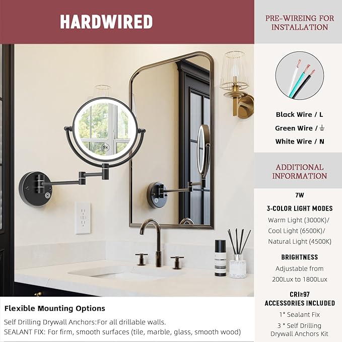 8" Hardwired Magnifying Mirror Wall Mounted with Lights, 1X/5X Double Sided 3-Colors LED Lighting Touch Dimming Extended Arm 360 Rotation Brass Makeup Vanity Mirror for Bathroom Matt Black