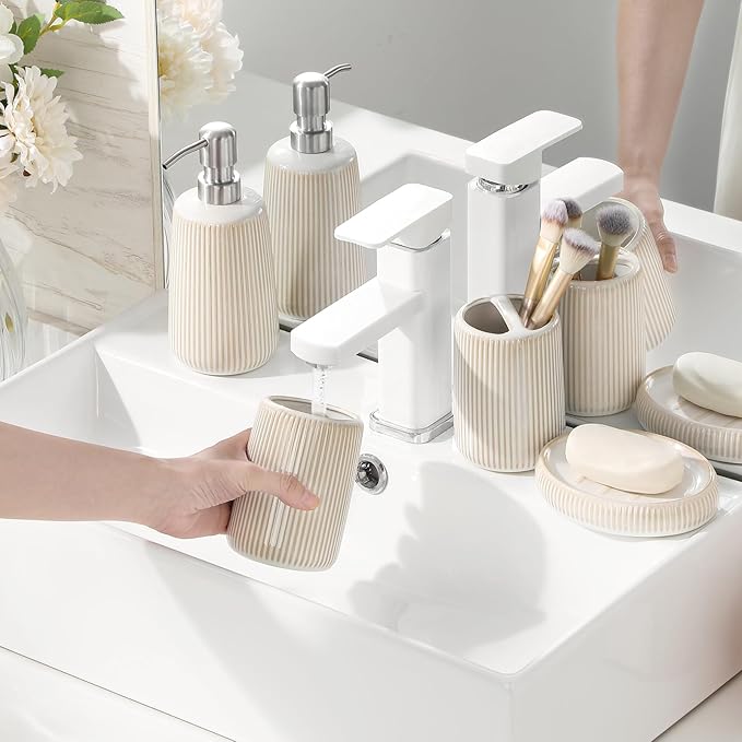 vancasso Ceramic Bathroom Accessories Set 4 Piece, Soap Dispenser with Stainless Steel Pump, Toothbrush Holder, Tumbler and Soap Dish, Modern Relief Design, Bathroom Decor Organizer, Beige-White